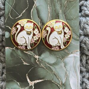 Pierced Cloisonne post earrings White Kitty Cat w/ flowers and red background